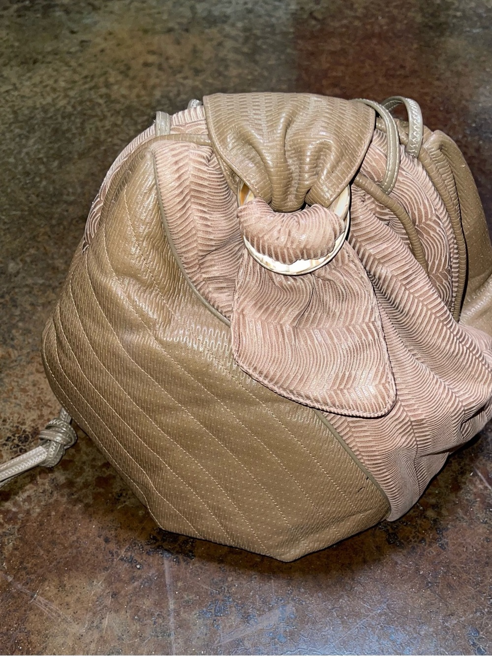Sharif Taupe Drawstring Shoulder Bag with Ring Accent